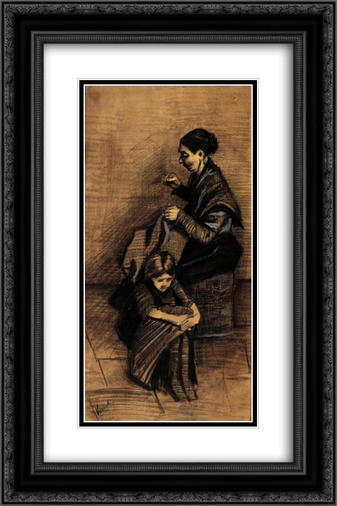 Woman Sewing, with a Girl 16x24 Black Ornate Wood Framed Art Print Poster with Double Matting by Van Gogh, Vincent