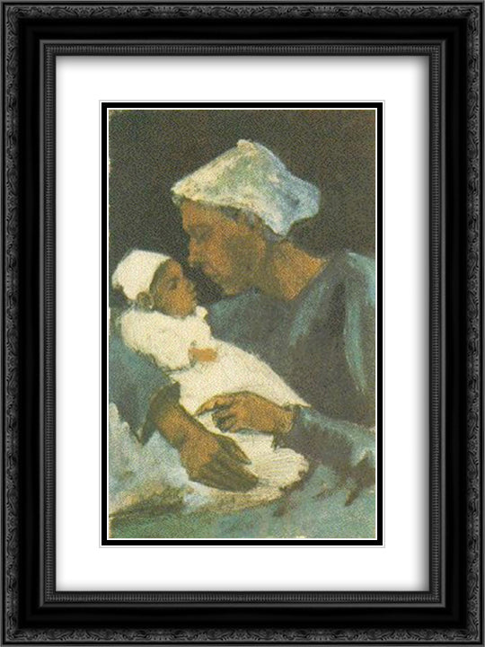 Woman Sien with Baby on her Lap, Half-Figure 18x24 Black Ornate Wood Framed Art Print Poster with Double Matting by Van Gogh, Vincent