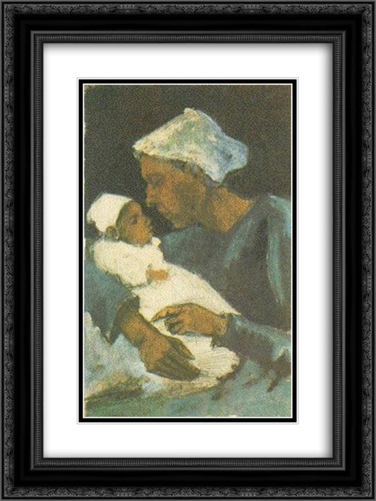 Woman Sien with Baby on her Lap, Half-Figure 18x24 Black Ornate Wood Framed Art Print Poster with Double Matting by Van Gogh, Vincent