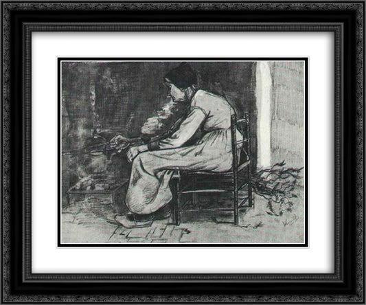 Woman Sitting at the Fireside 24x20 Black Ornate Wood Framed Art Print Poster with Double Matting by Van Gogh, Vincent