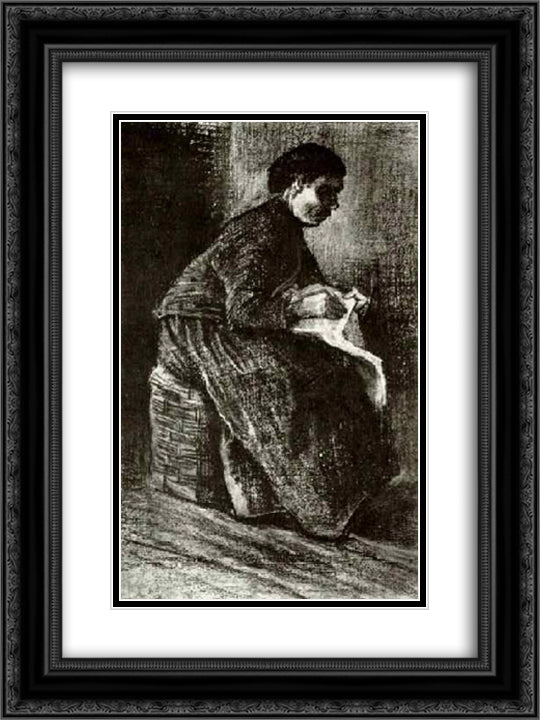 Woman Sitting on a Basket, Sewing 18x24 Black Ornate Wood Framed Art Print Poster with Double Matting by Van Gogh, Vincent
