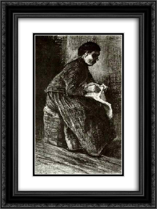 Woman Sitting on a Basket, Sewing 18x24 Black Ornate Wood Framed Art Print Poster with Double Matting by Van Gogh, Vincent