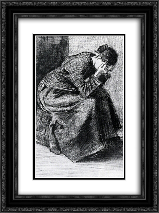 Woman Sitting on a Basket with Head in Hands 18x24 Black Ornate Wood Framed Art Print Poster with Double Matting by Van Gogh, Vincent