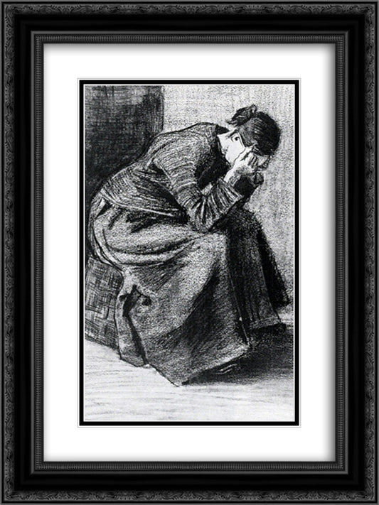 Woman Sitting on a Basket with Head in Hands 18x24 Black Ornate Wood Framed Art Print Poster with Double Matting by Van Gogh, Vincent
