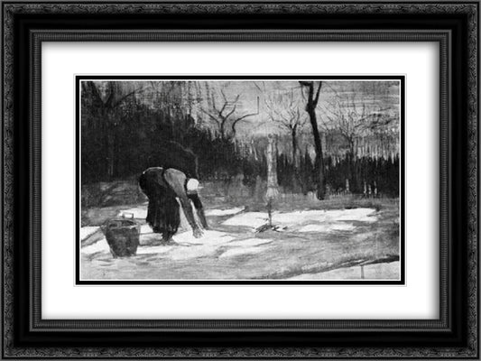 Woman Spreading Out Laundry on a Field 24x18 Black Ornate Wood Framed Art Print Poster with Double Matting by Van Gogh, Vincent