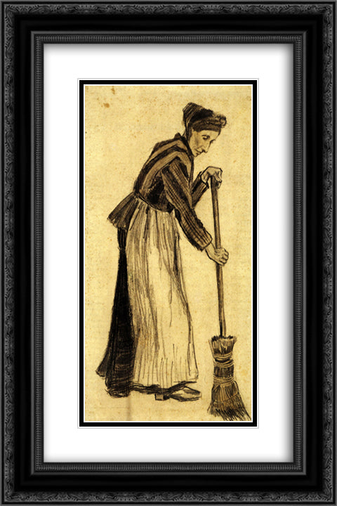 Woman with a Broom 16x24 Black Ornate Wood Framed Art Print Poster with Double Matting by Van Gogh, Vincent