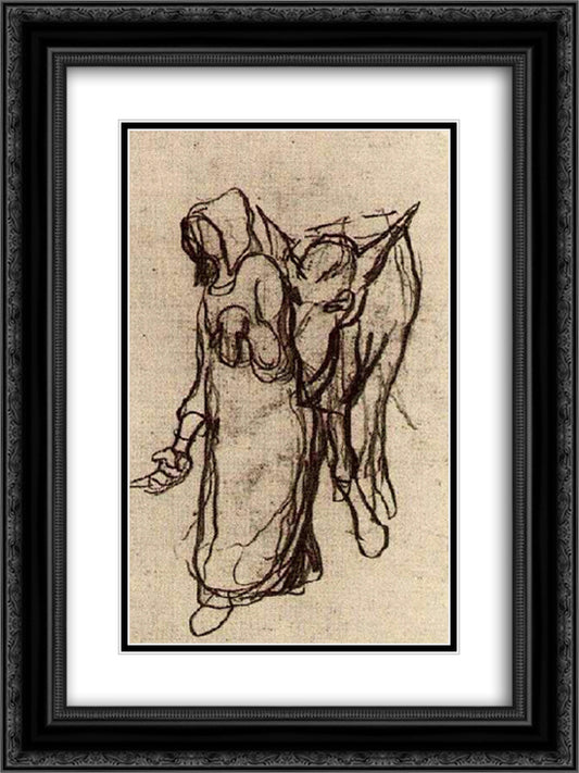 Woman with a Donkey 18x24 Black Ornate Wood Framed Art Print Poster with Double Matting by Van Gogh, Vincent