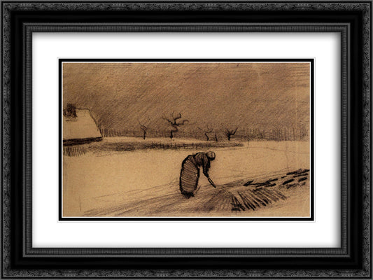 Woman with a Fork in a Winter Landscape 24x18 Black Ornate Wood Framed Art Print Poster with Double Matting by Van Gogh, Vincent
