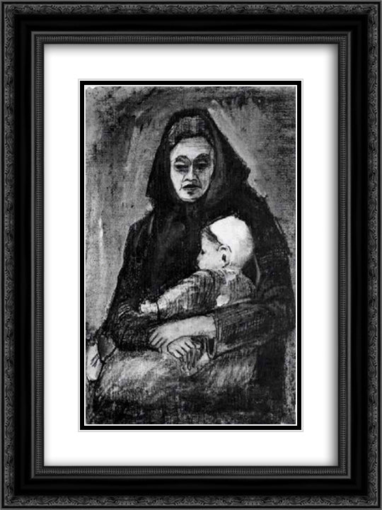 Woman with Baby on her Lap, Half-Length 18x24 Black Ornate Wood Framed Art Print Poster with Double Matting by Van Gogh, Vincent
