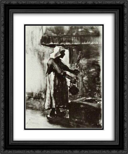 Woman with Kettle by the Fireplace 20x24 Black Ornate Wood Framed Art Print Poster with Double Matting by Van Gogh, Vincent