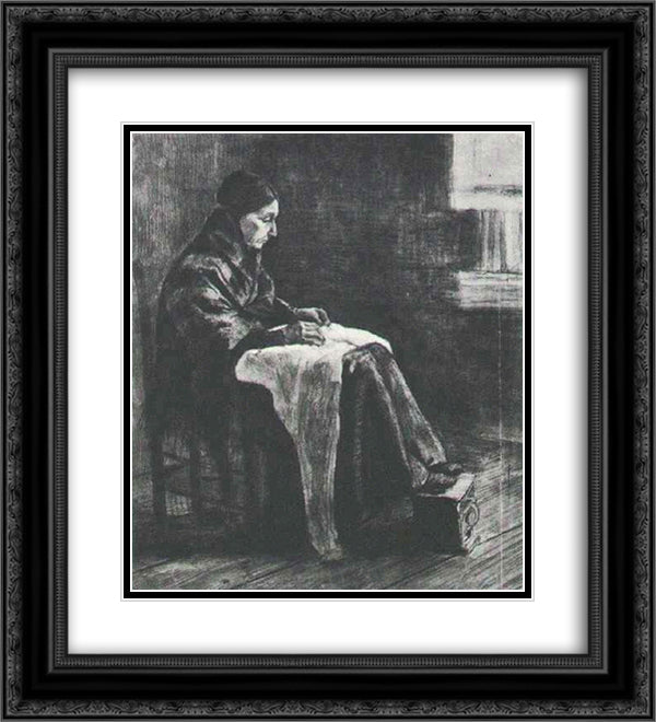 Woman with Shawl, Sewing 20x22 Black Ornate Wood Framed Art Print Poster with Double Matting by Van Gogh, Vincent
