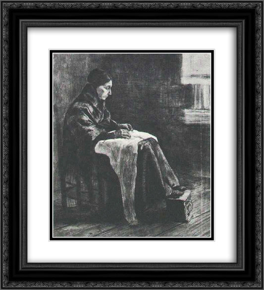 Woman with Shawl, Sewing 20x22 Black Ornate Wood Framed Art Print Poster with Double Matting by Van Gogh, Vincent