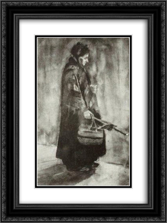 Woman with Shawl, Umbrella and Basket 18x24 Black Ornate Wood Framed Art Print Poster with Double Matting by Van Gogh, Vincent