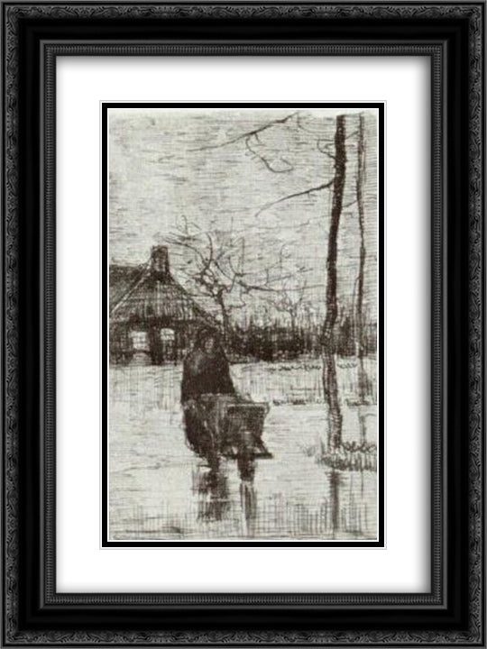 Woman with Wheelbarrow at Night 18x24 Black Ornate Wood Framed Art Print Poster with Double Matting by Van Gogh, Vincent