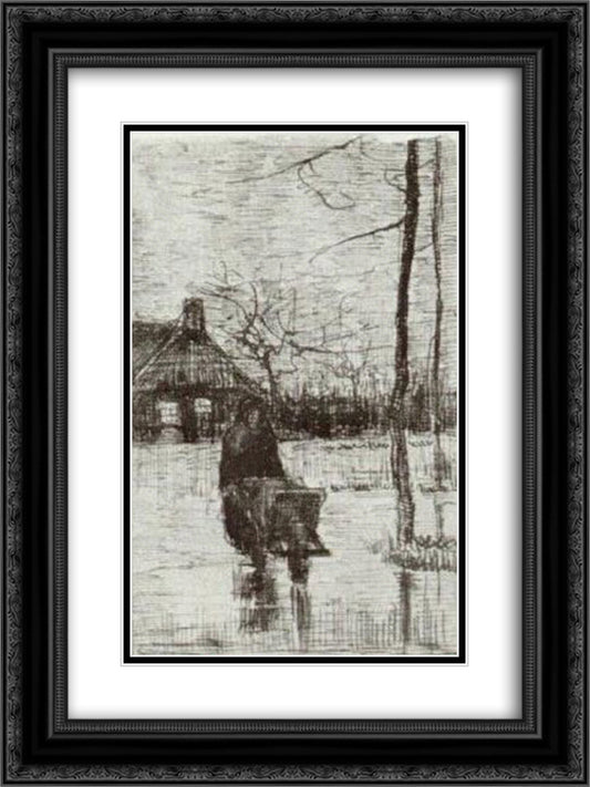 Woman with Wheelbarrow at Night 18x24 Black Ornate Wood Framed Art Print Poster with Double Matting by Van Gogh, Vincent