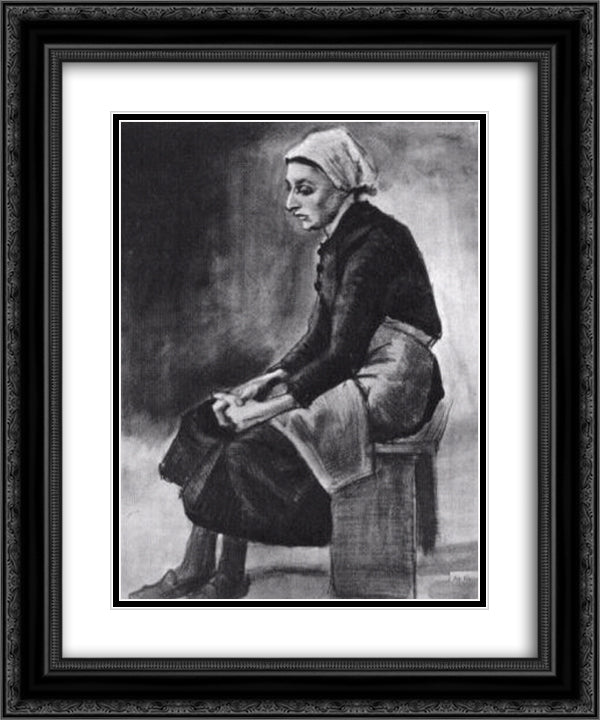 Woman with White Cloth around her Head, Sitting on a Bench 20x24 Black Ornate Wood Framed Art Print Poster with Double Matting by Van Gogh, Vincent