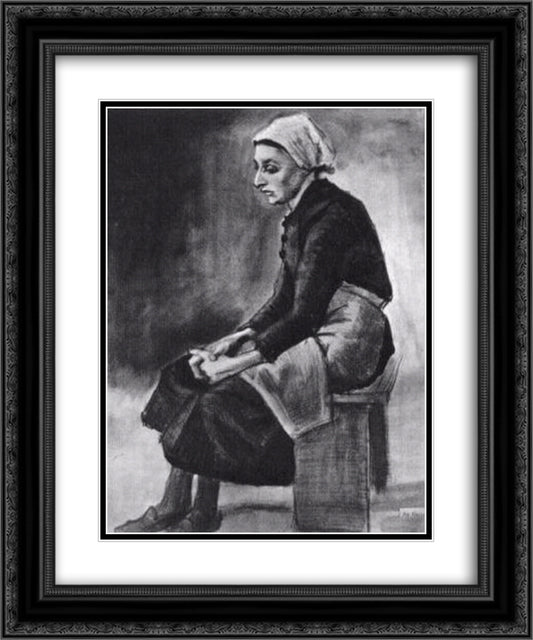 Woman with White Cloth around her Head, Sitting on a Bench 20x24 Black Ornate Wood Framed Art Print Poster with Double Matting by Van Gogh, Vincent