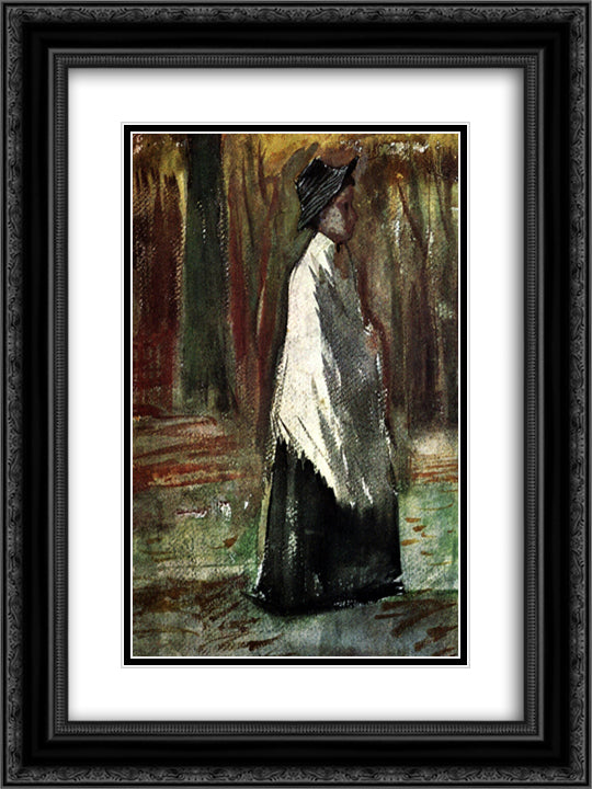 Woman with White Shawl in a Wood 18x24 Black Ornate Wood Framed Art Print Poster with Double Matting by Van Gogh, Vincent