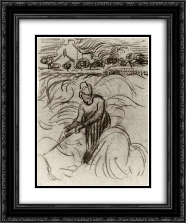 Woman Working in Wheat Field 20x24 Black Ornate Wood Framed Art Print Poster with Double Matting by Van Gogh, Vincent