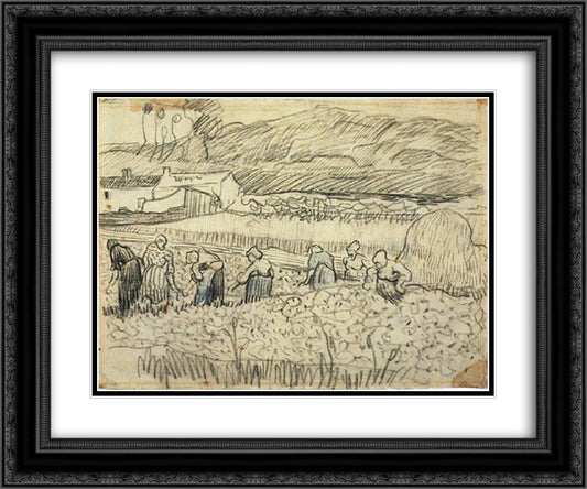 Women Working in Wheat Field 24x20 Black Ornate Wood Framed Art Print Poster with Double Matting by Van Gogh, Vincent