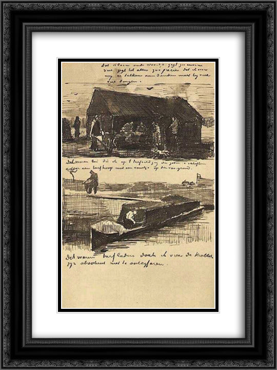 Workman beside a Mound of Peat, and a Peat Boat with Two Figures 18x24 Black Ornate Wood Framed Art Print Poster with Double Matting by Van Gogh, Vincent