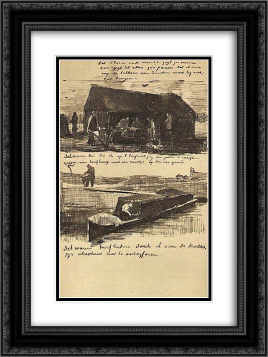 Workman beside a Mound of Peat, and a Peat Boat with Two Figures 18x24 Black Ornate Wood Framed Art Print Poster with Double Matting by Van Gogh, Vincent
