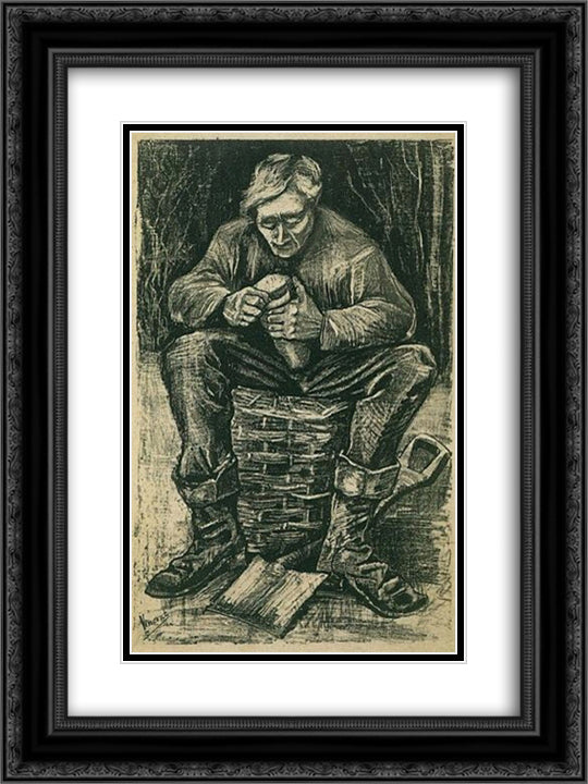 Workman Sitting on a Basket, Cutting Bread 18x24 Black Ornate Wood Framed Art Print Poster with Double Matting by Van Gogh, Vincent