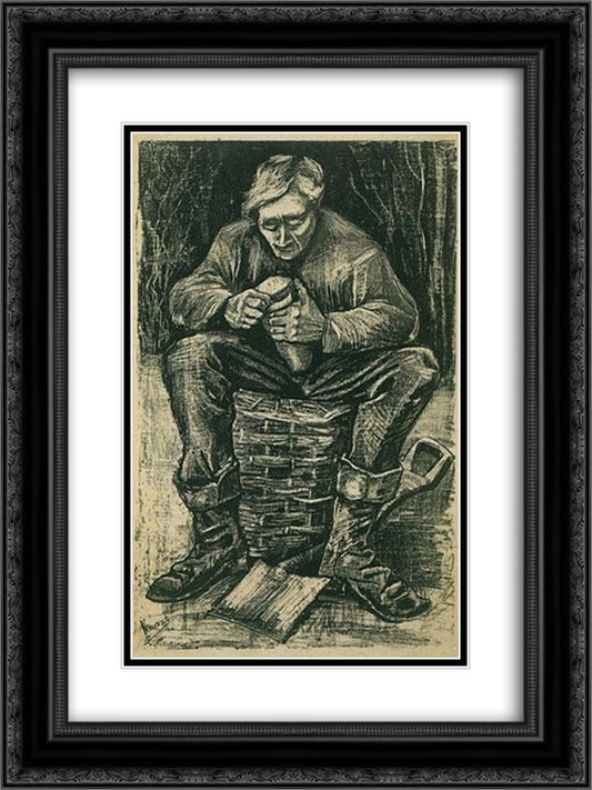 Workman Sitting on a Basket, Cutting Bread 18x24 Black Ornate Wood Framed Art Print Poster with Double Matting by Van Gogh, Vincent