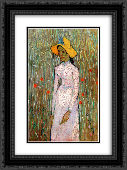 Young Girl Standing Against a Background of Wheat 18x24 Black Ornate Wood Framed Art Print Poster with Double Matting by Van Gogh, Vincent