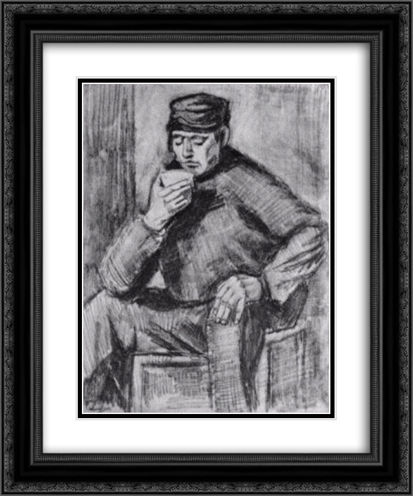 Young Man, Sitting with a Cup in his Hand, Half-Length 20x24 Black Ornate Wood Framed Art Print Poster with Double Matting by Van Gogh, Vincent