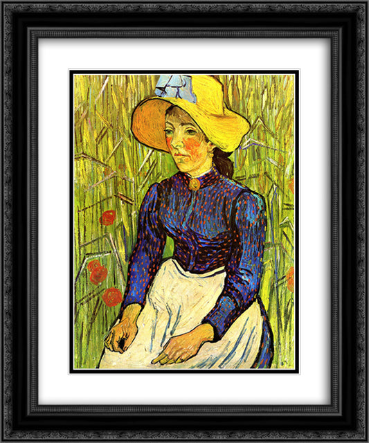 Young Peasant Girl in a Straw Hat sitting in front of a wheatfield 20x24 Black Ornate Wood Framed Art Print Poster with Double Matting by Van Gogh, Vincent