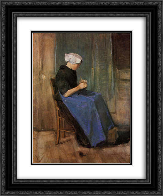 Young woman knitting 20x24 Black Ornate Wood Framed Art Print Poster with Double Matting by Van Gogh, Vincent