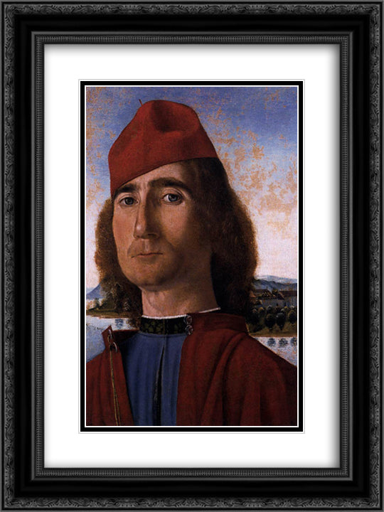 Portrait of an Unknown Man with Red Beret 18x24 Black Ornate Wood Framed Art Print Poster with Double Matting by Carpaccio, Vittore