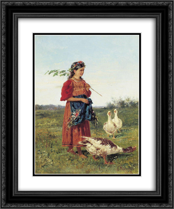 A girl with geese 20x24 Black Ornate Wood Framed Art Print Poster with Double Matting by Makovsky, Vladimir