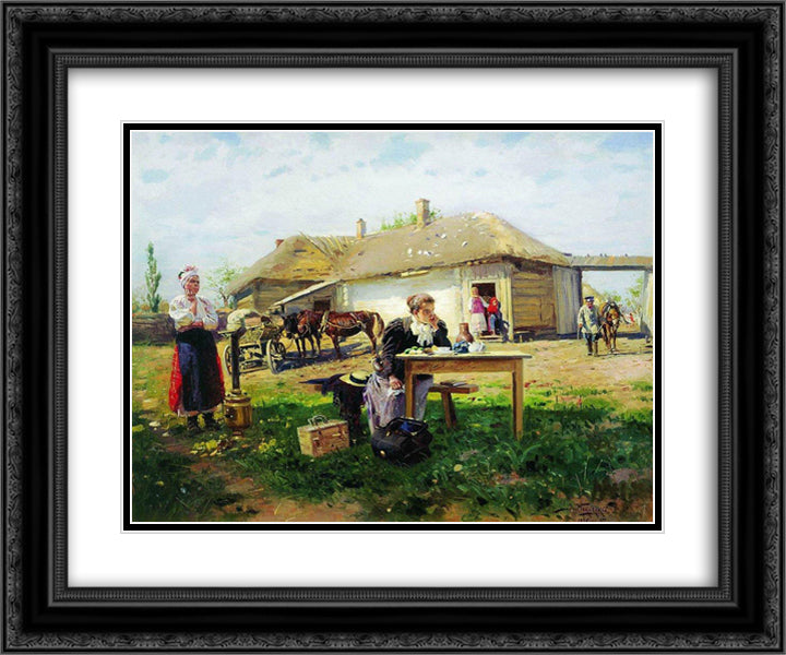 Arrival of a School Mistress in the Countryside 24x20 Black Ornate Wood Framed Art Print Poster with Double Matting by Makovsky, Vladimir