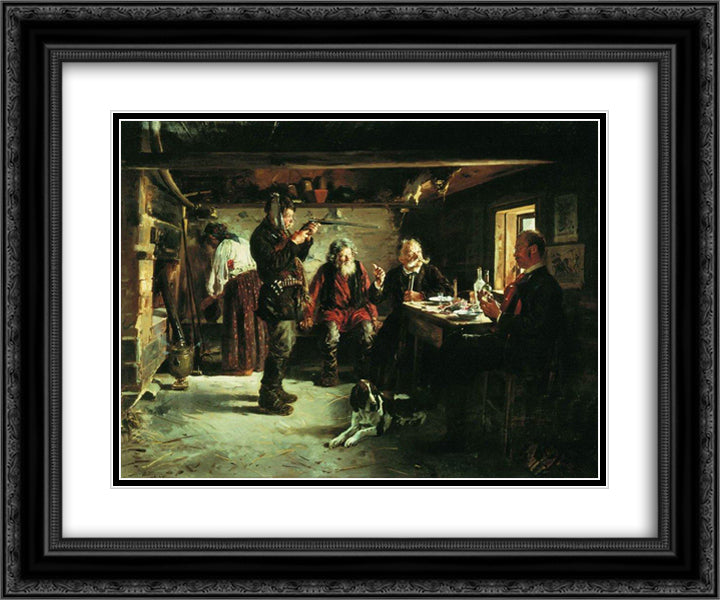 In the hut of forester 24x20 Black Ornate Wood Framed Art Print Poster with Double Matting by Makovsky, Vladimir