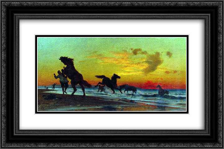 Bathing horses 24x16 Black Ornate Wood Framed Art Print Poster with Double Matting by Orlovsky, Volodymyr