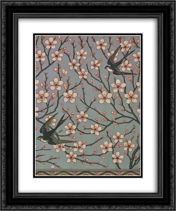 Almond Blossom and Swallow (Wallpaper Design) 20x24 Black Ornate Wood Framed Art Print Poster with Double Matting by Crane, Walter