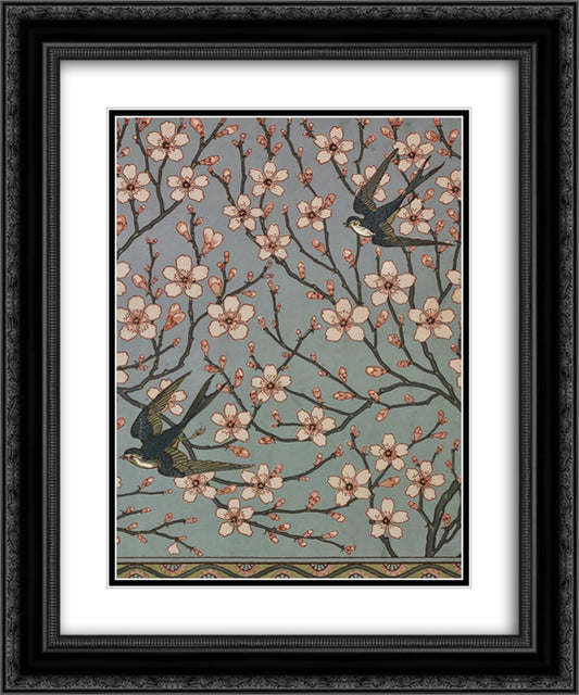 Almond Blossom and Swallow (Wallpaper Design) 20x24 Black Ornate Wood Framed Art Print Poster with Double Matting by Crane, Walter