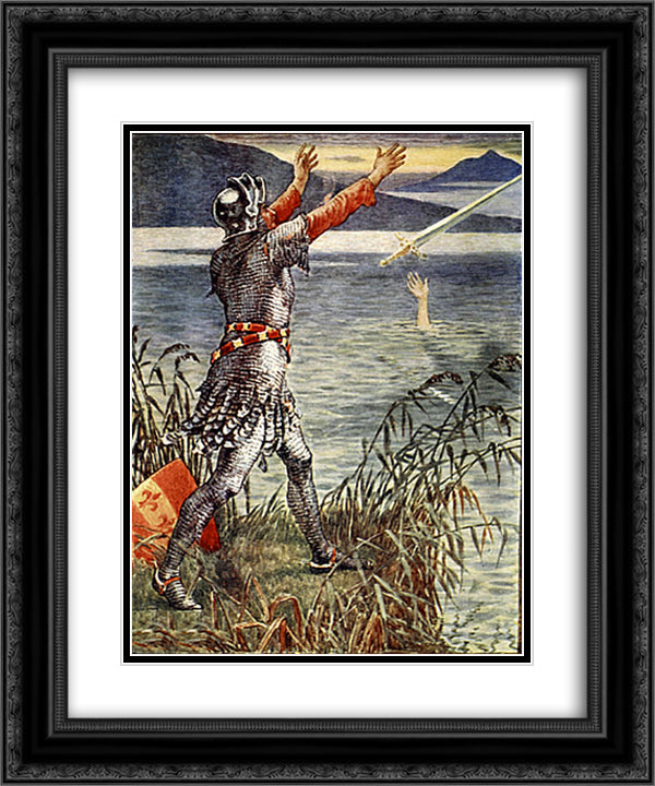 King Arthur Sir Bedivere throwing Excalibur into the lake 20x24 Black Ornate Wood Framed Art Print Poster with Double Matting by Crane, Walter