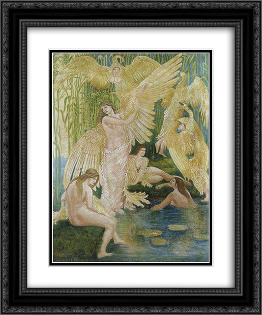 The Swan Maidens 20x24 Black Ornate Wood Framed Art Print Poster with Double Matting by Crane, Walter