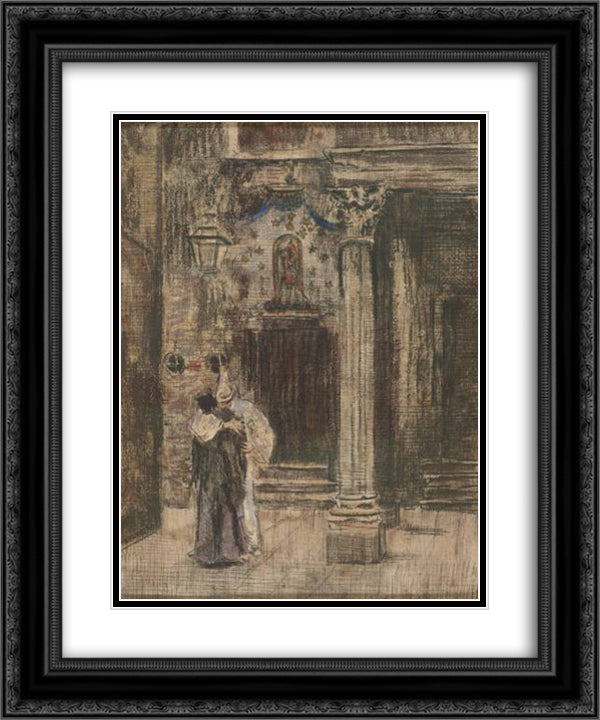 Pierrot and Woman Embracing 20x24 Black Ornate Wood Framed Art Print Poster with Double Matting by Sickert, Walter