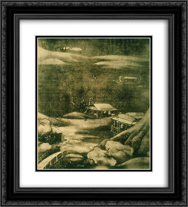 Snowy Stream 20x22 Black Ornate Wood Framed Art Print Poster with Double Matting by Wang Wei