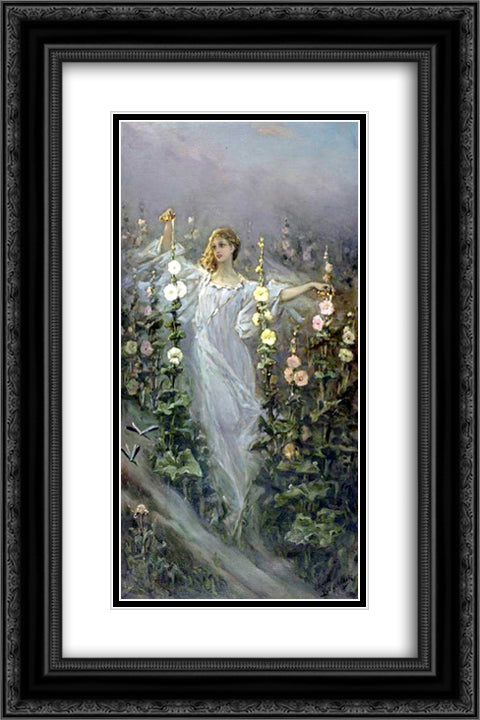 Girl Between Hollyhocks 16x24 Black Ornate Wood Framed Art Print Poster with Double Matting by Kotarbinski, Wilhelm