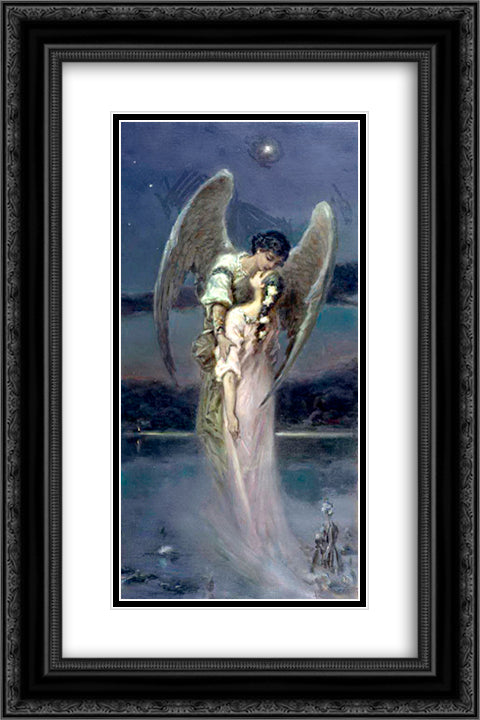 Girl with Angel 16x24 Black Ornate Wood Framed Art Print Poster with Double Matting by Kotarbinski, Wilhelm