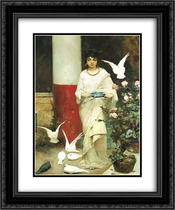 Girl with Pigeons 20x24 Black Ornate Wood Framed Art Print Poster with Double Matting by Kotarbinski, Wilhelm