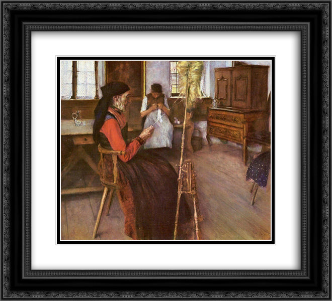 Die Spinnerin 22x20 Black Ornate Wood Framed Art Print Poster with Double Matting by Leibl, Wilhelm