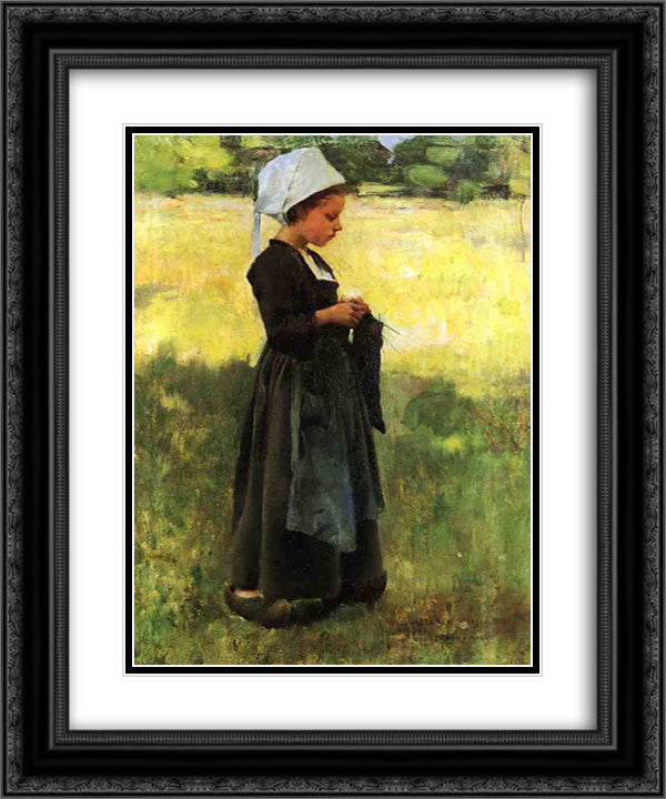 Breton Girl 20x24 Black Ornate Wood Framed Art Print Poster with Double Matting by Metcalf, Willard