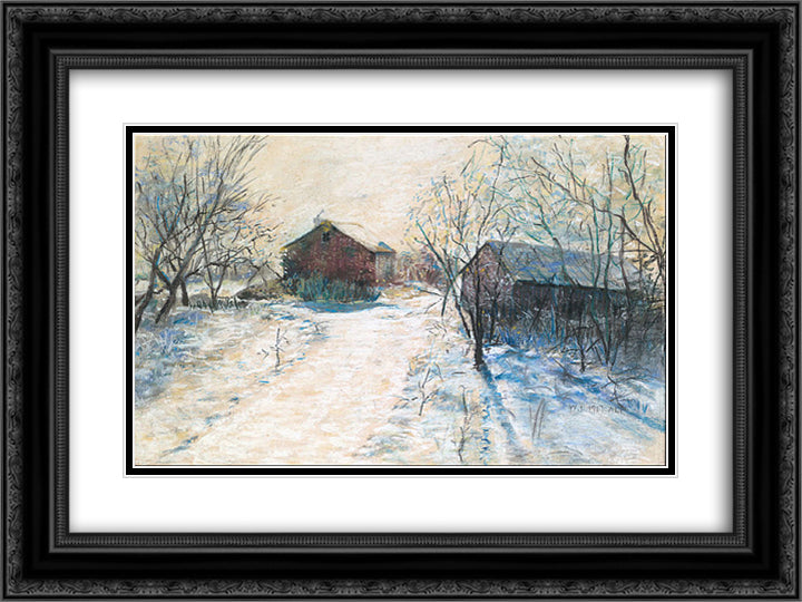 Farm Buildings in a Winter Landscape 24x18 Black Ornate Wood Framed Art Print Poster with Double Matting by Metcalf, Willard