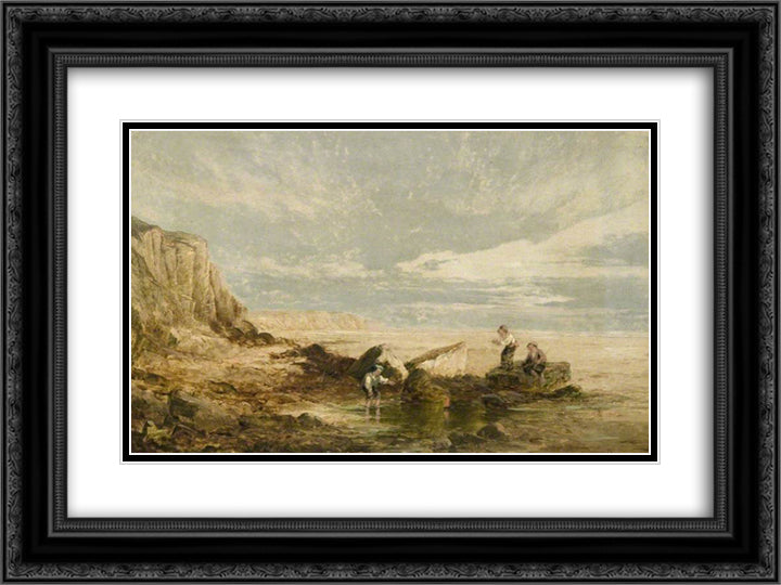 Beach, Boys Sailing a Toy Boat 24x18 Black Ornate Wood Framed Art Print Poster with Double Matting by Collins, William